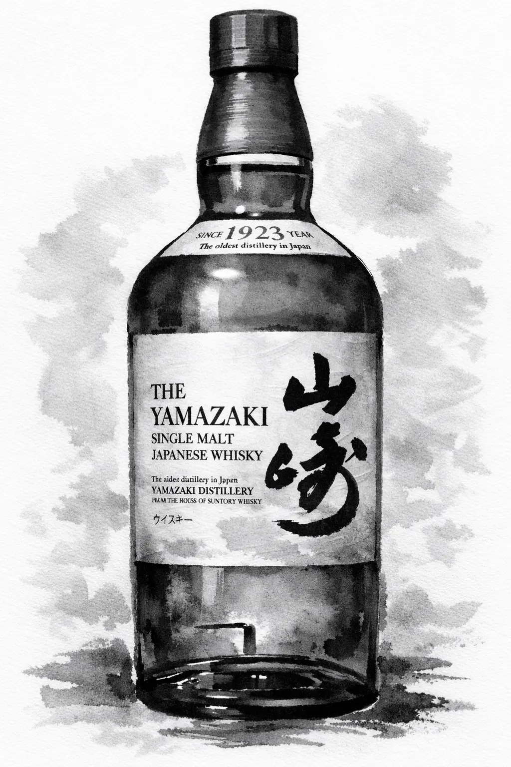 Japanese whisky bottle rendered in traditional ink-wash style